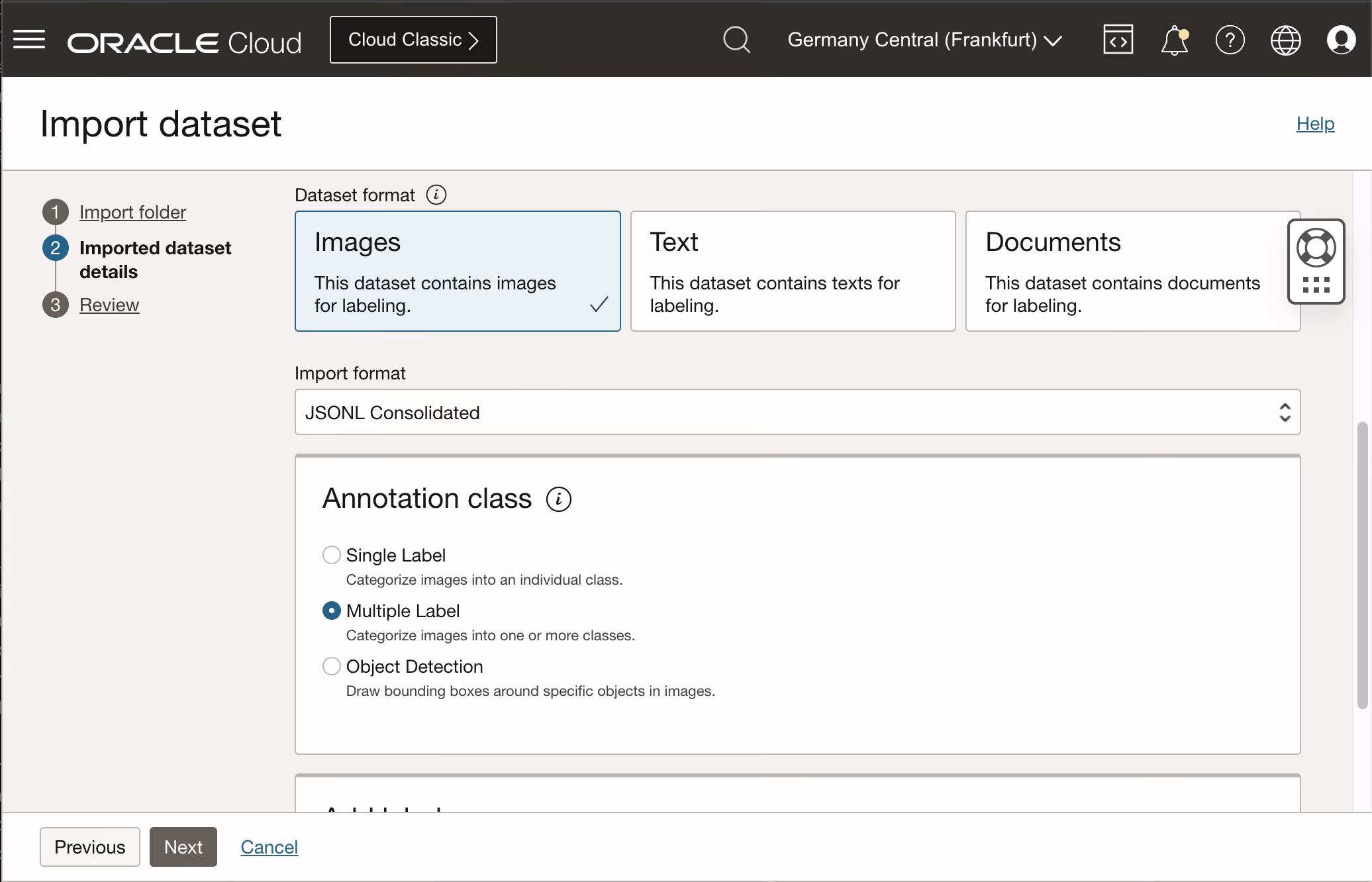 Configurazione import da Object Storage