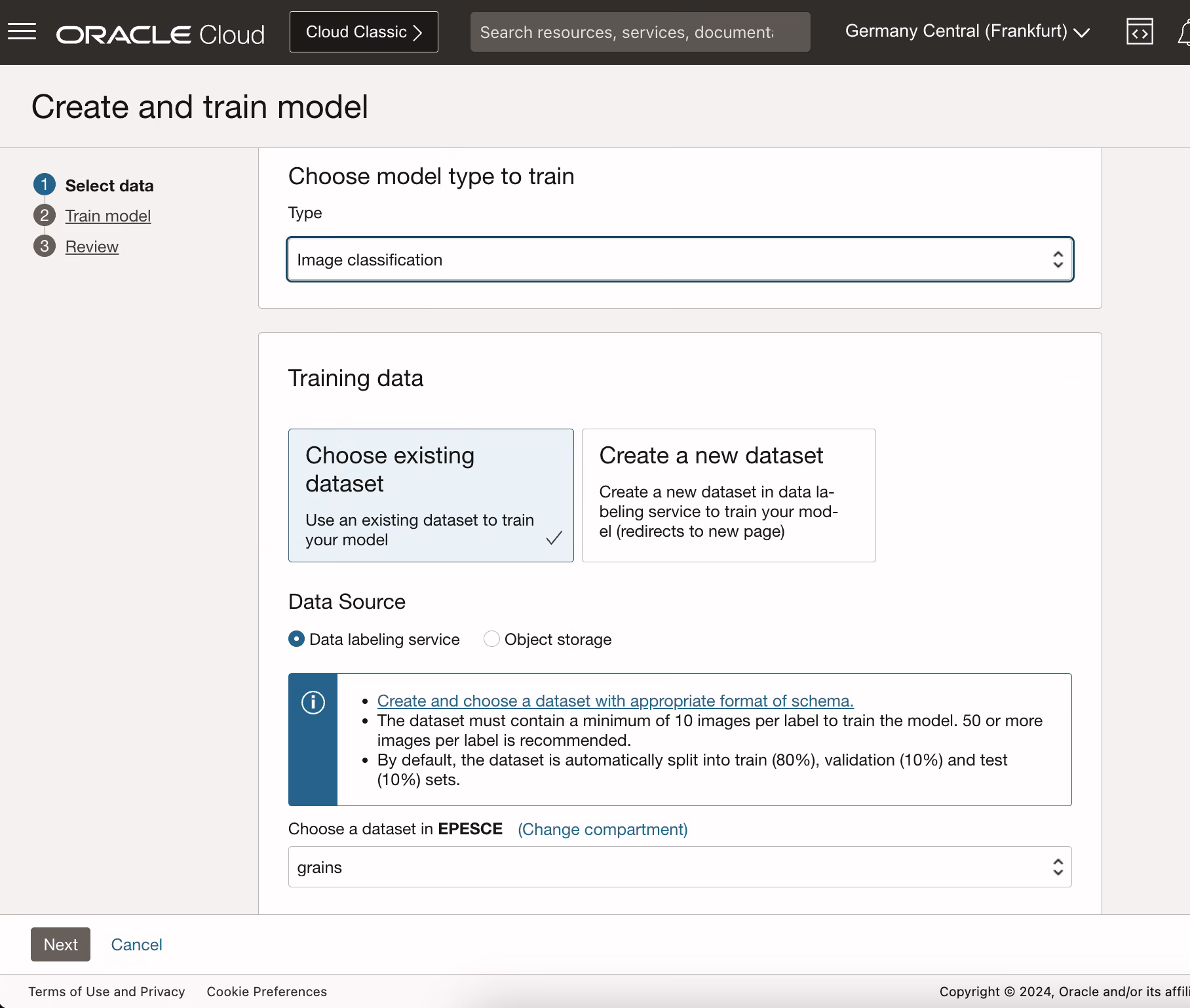 Creazione modello OCI Vision image classification