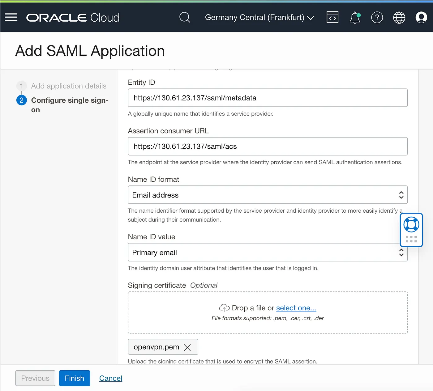 Configuring the SAML application